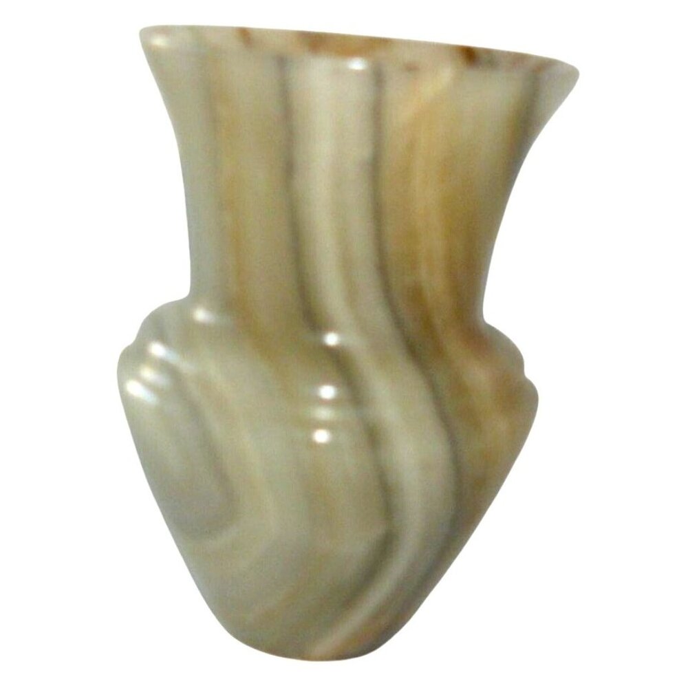 Vintage Hand-Carved Striped Onyx Marble Alabaster Stone Miniature Vase 3.5" See